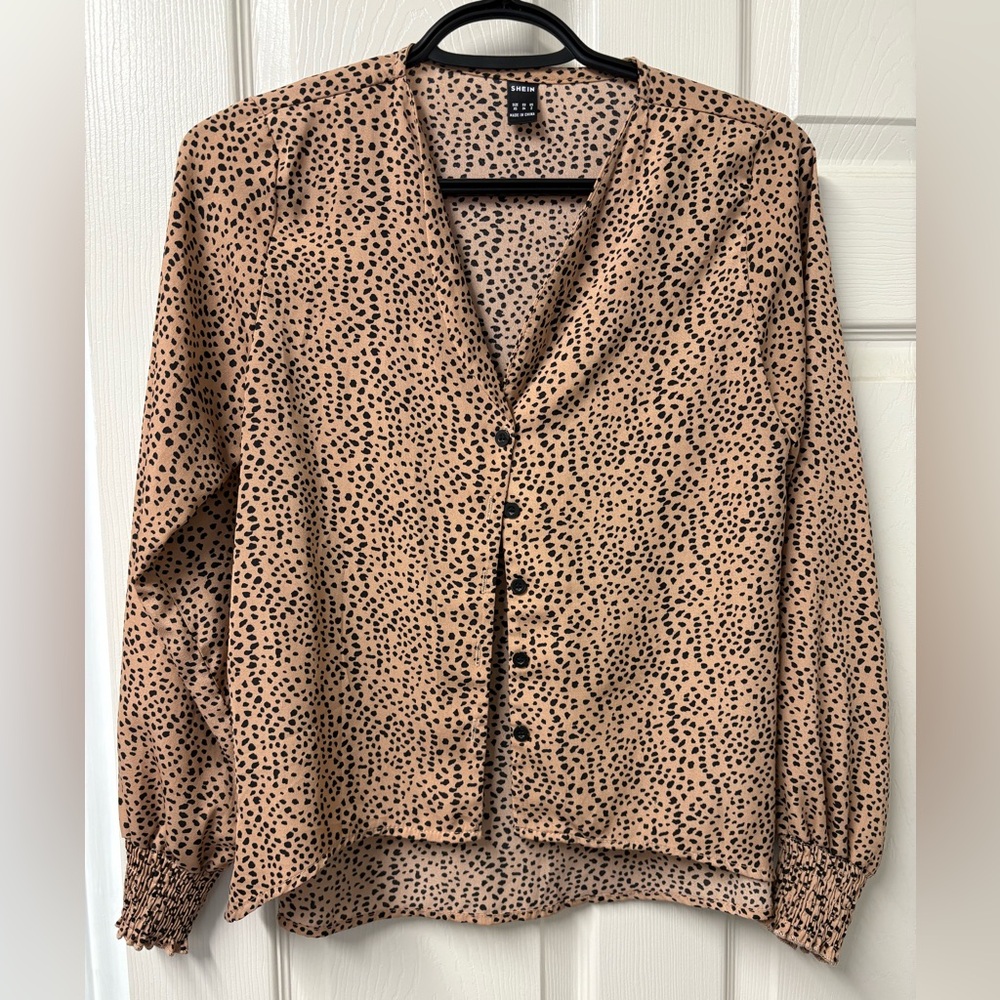 SHEIN Tan and Black Spotted Blouse